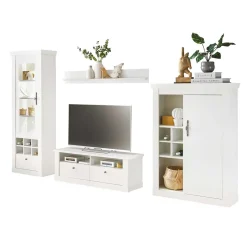 Wohnen TV Anbauwand Set in weißer Holzoptik Pinie - Liancos (vierteilig)