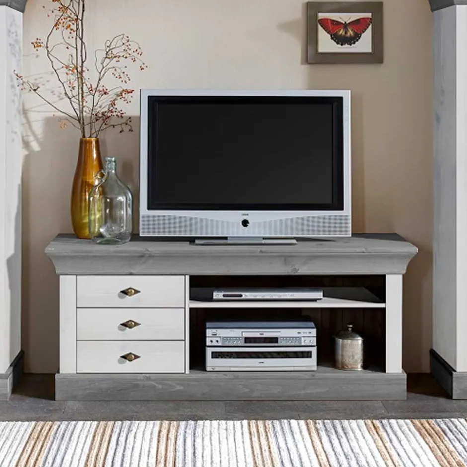 Wohnen TV Board Mirandesca in Weiß Grau teilmassiv