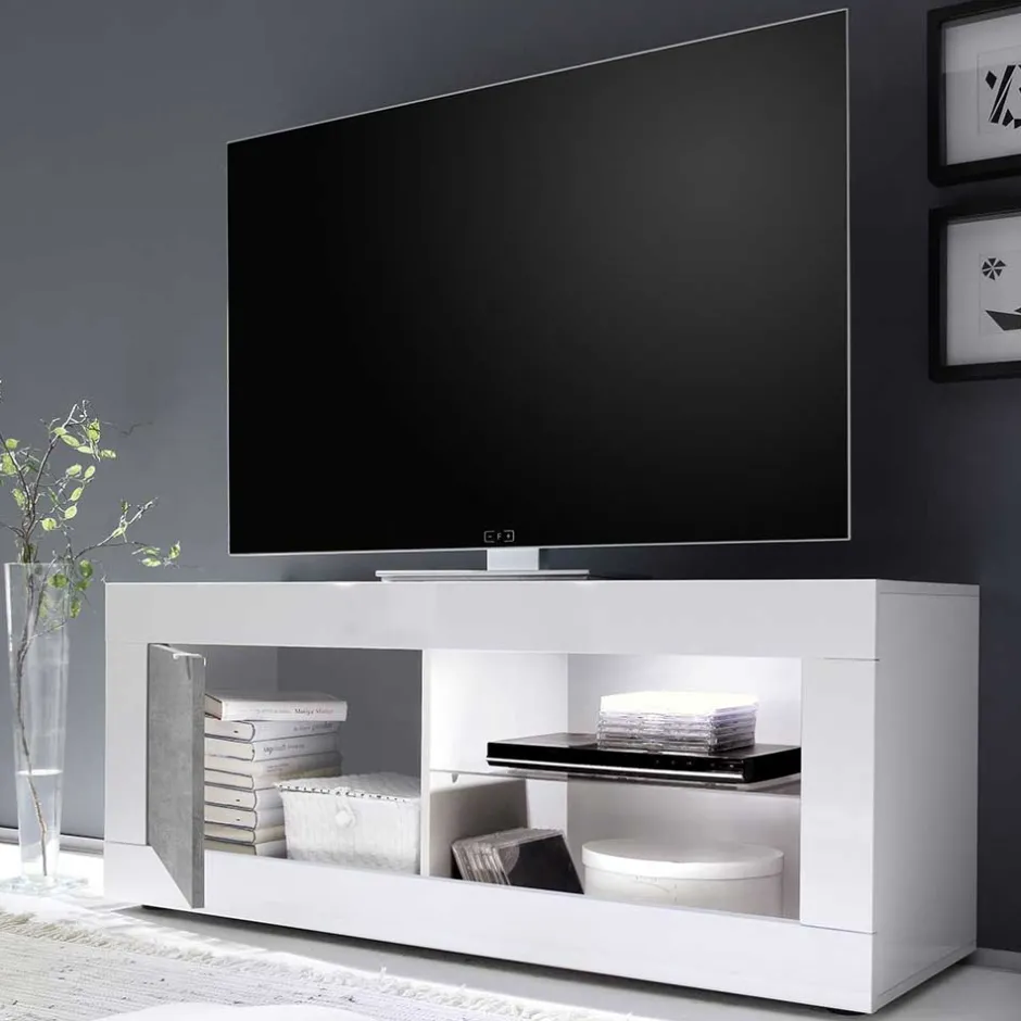 Wohnen TV Element in Weiß HG mit Beton Dekor - Narandu