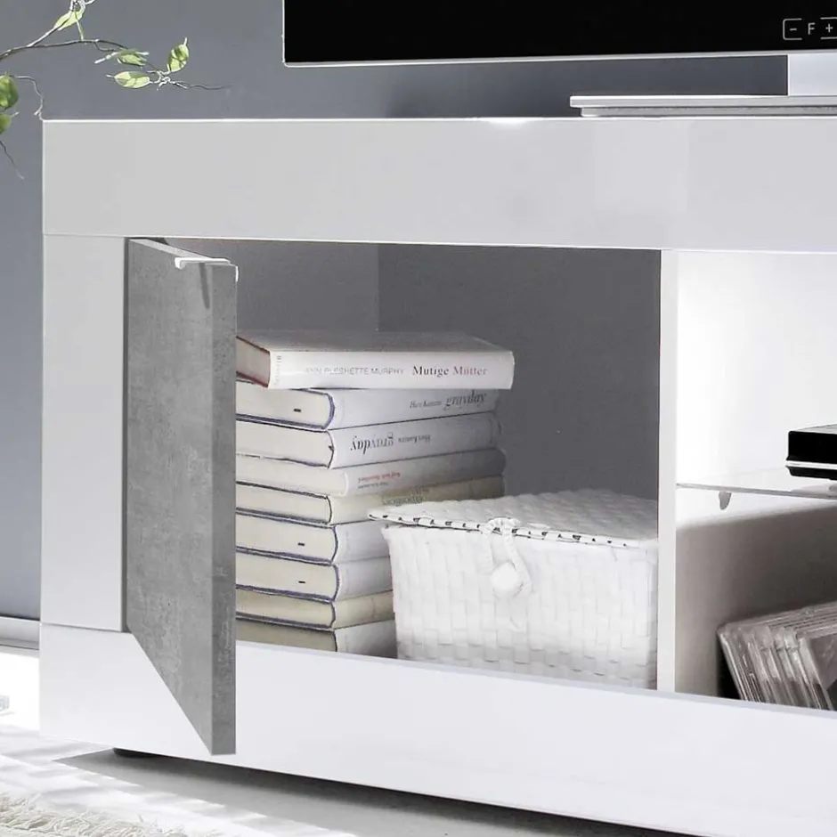Wohnen TV Element in Weiß HG mit Beton Dekor - Narandu