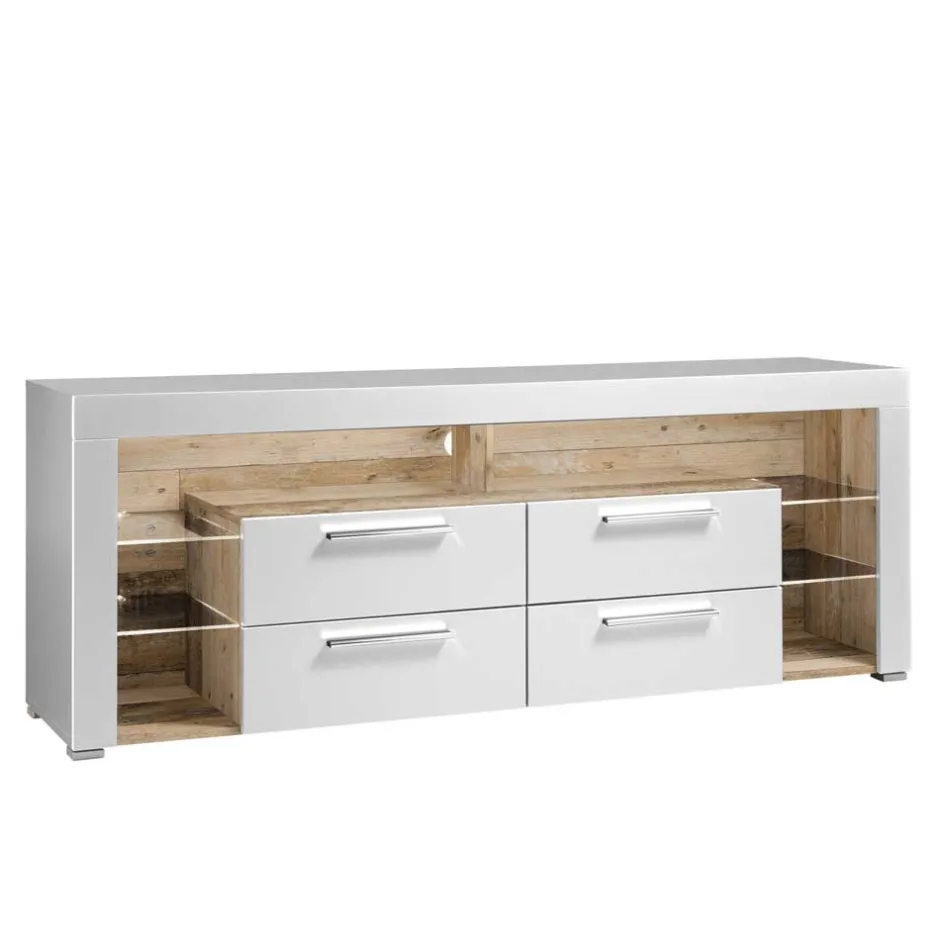 Wohnen TV Lowboard in Weiß HG & Holz Antik Dekor - Masina