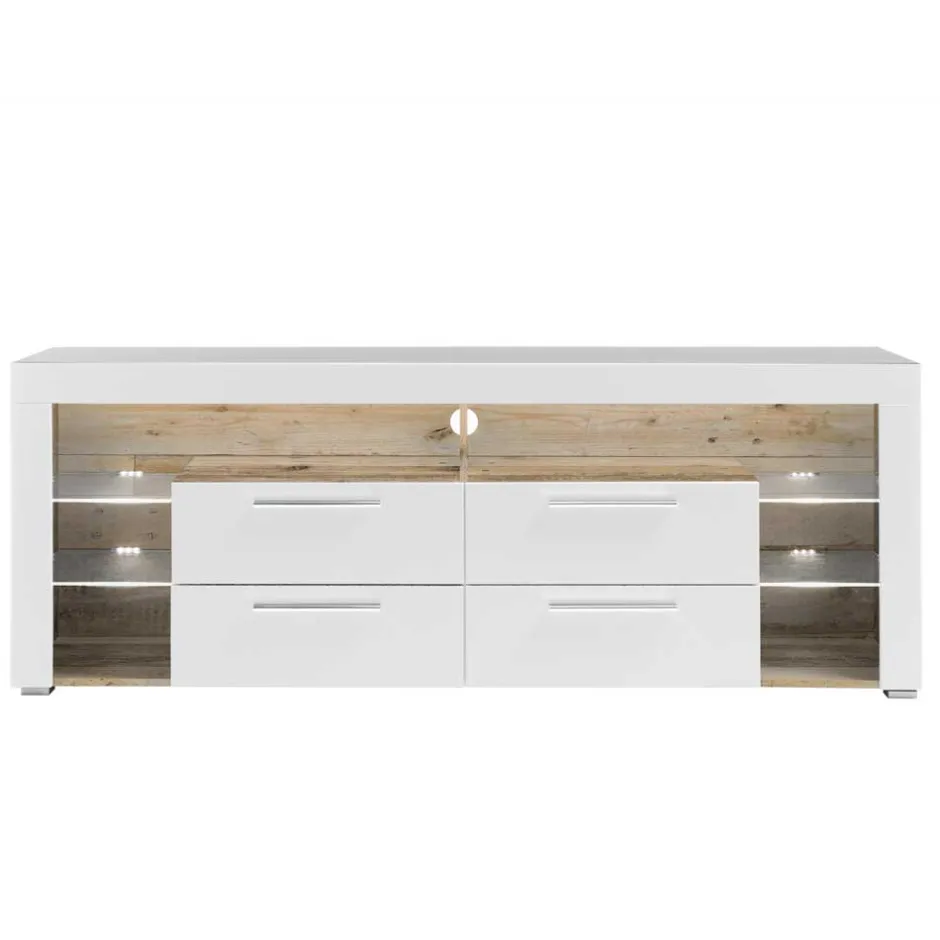 Wohnen TV Lowboard in Weiß HG & Holz Antik Dekor - Masina