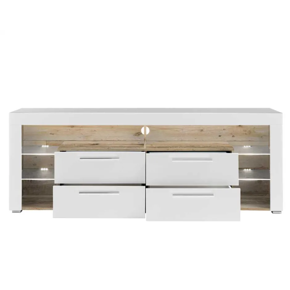 Wohnen TV Lowboard in Weiß HG & Holz Antik Dekor - Masina