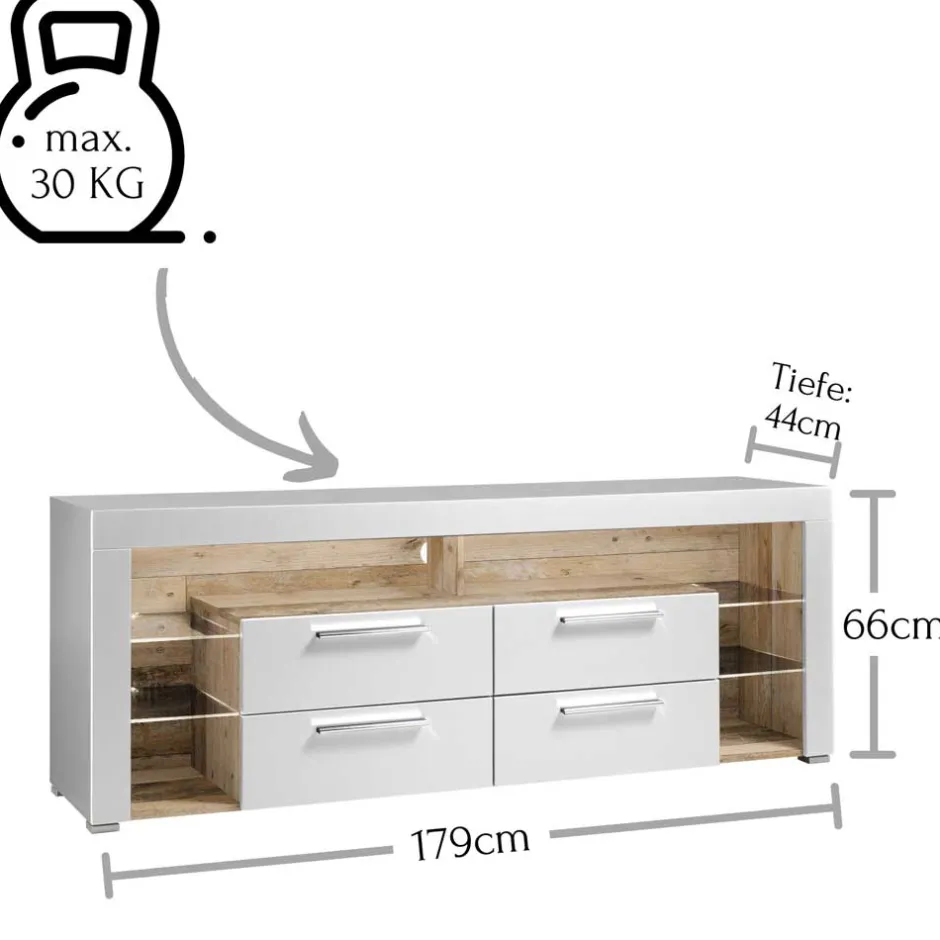 Wohnen TV Lowboard in Weiß HG & Holz Antik Dekor - Masina