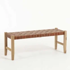 Urige Holzbank mit Leder Geflecht Sitz - Crespa (2er Set)^Wohnen