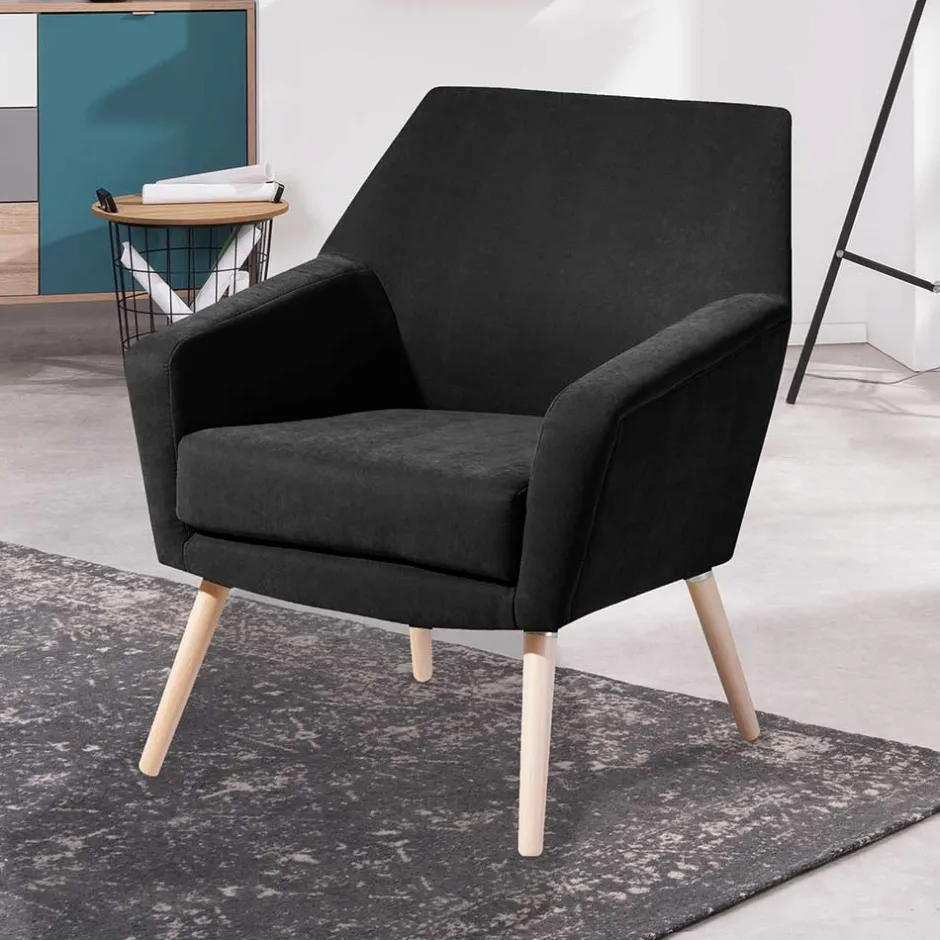 Velourssessel in Schwarz mit Buche Natur - Nocena^Wohnen Sale