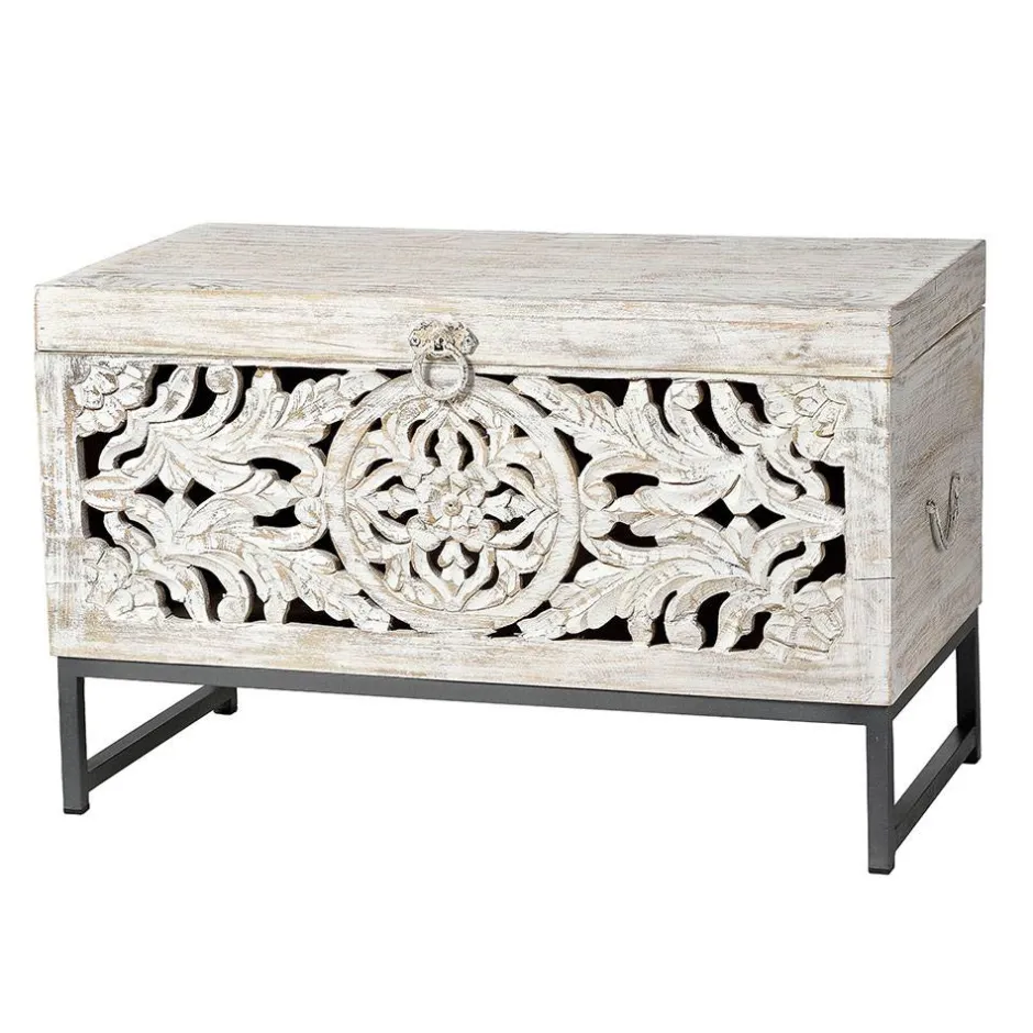 Wohnen Vintage Design Truhe aus Mangoholz White Wash - Fudorus