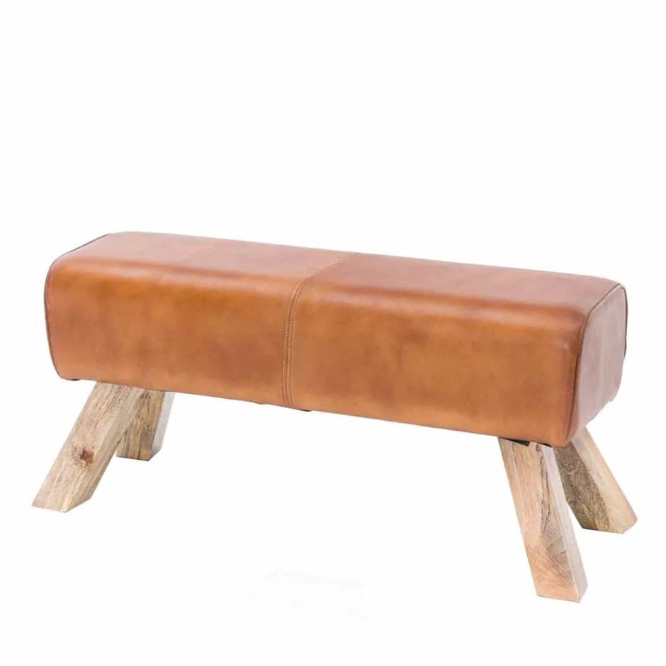 Vintage Lederbank Snog mit Holzgestell rustikal^Wohnen Outlet