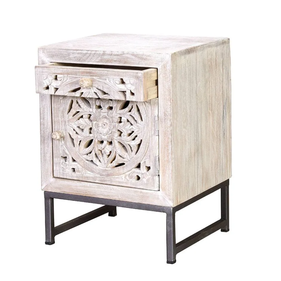 Wohnen Vintage Nachtschrank aus Mangoholz White Wash - Fudorus