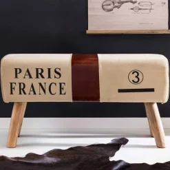 Vintage Polsterbank Clause mit Holz Leinen Echtleder^Wohnen New