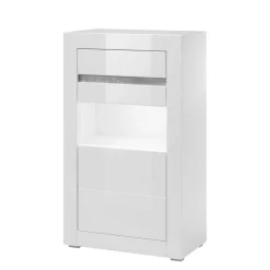 Wohnen Vitrine in Hochglanz Weiß Mextra mit Beton Dekor Absetzung