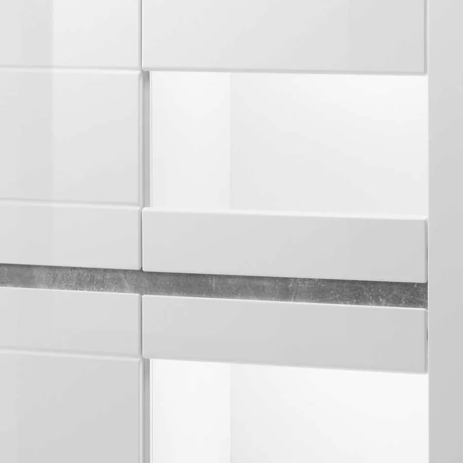 Wohnen Vitrine in Weiß hochglänzend Mextra mit Absetzung Beton Optik