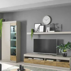 Wohnen Vitrinenschrank in Hellgrau & Zinneiche NB - Lioscas