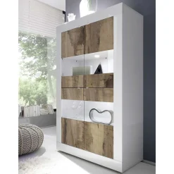 Wohnen Vitrinenschrank in Holz verwittert & Weiß HG - Olvenion