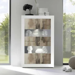 Wohnen Vitrinenschrank in Holz verwittert & Weiß HG - Olvenion