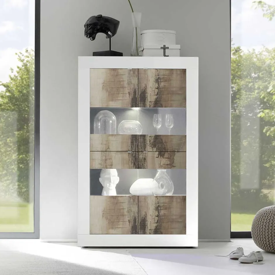 Wohnen Vitrinenschrank in Holz verwittert & Weiß HG - Olvenion