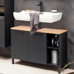 Wohnen Waschbeckenunterschrank in Schwarz mit Wildeiche Dekor - Riguna