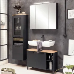 Wohnen Waschbeckenunterschrank in Schwarz mit Wildeiche Dekor - Riguna