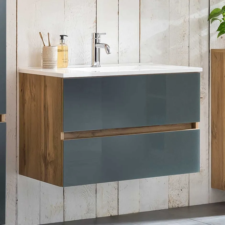 Waschtisch Wandkonsole in Grau & Wildeiche - Anviletca^Wohnen Outlet