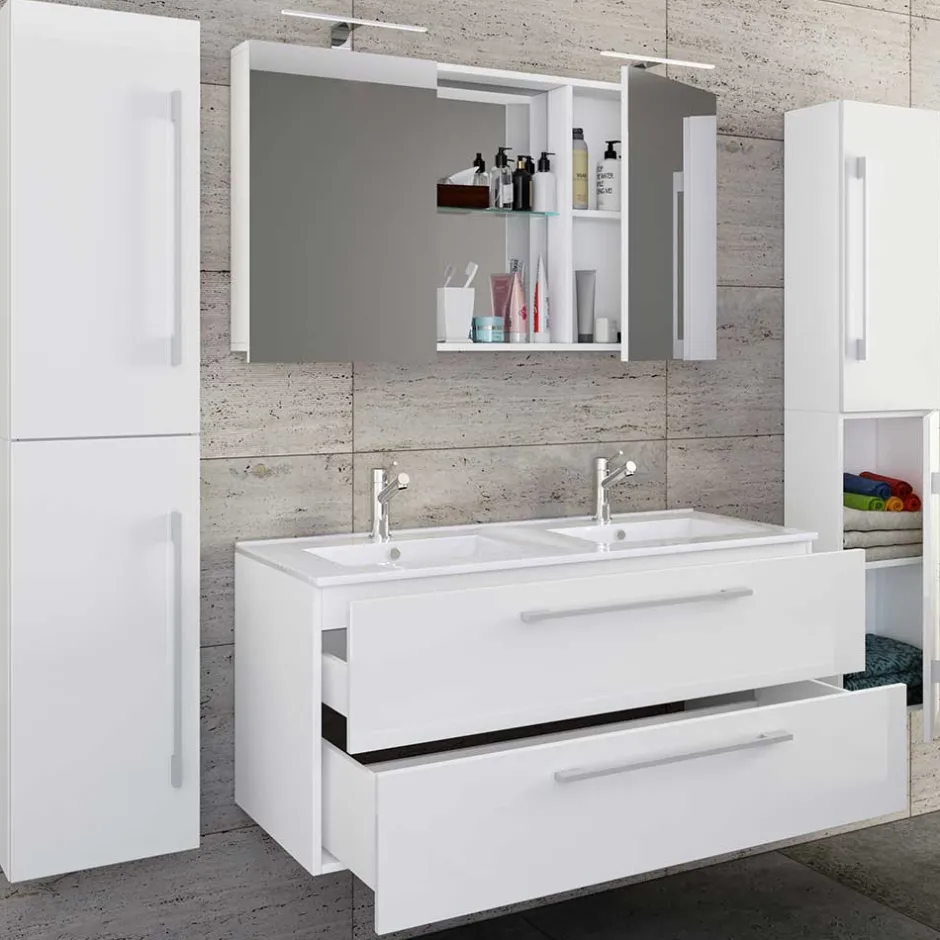 Wohnen Weiße Badeinrichtung mit Doppel-Waschtisch - Matsu (vierteilig)
