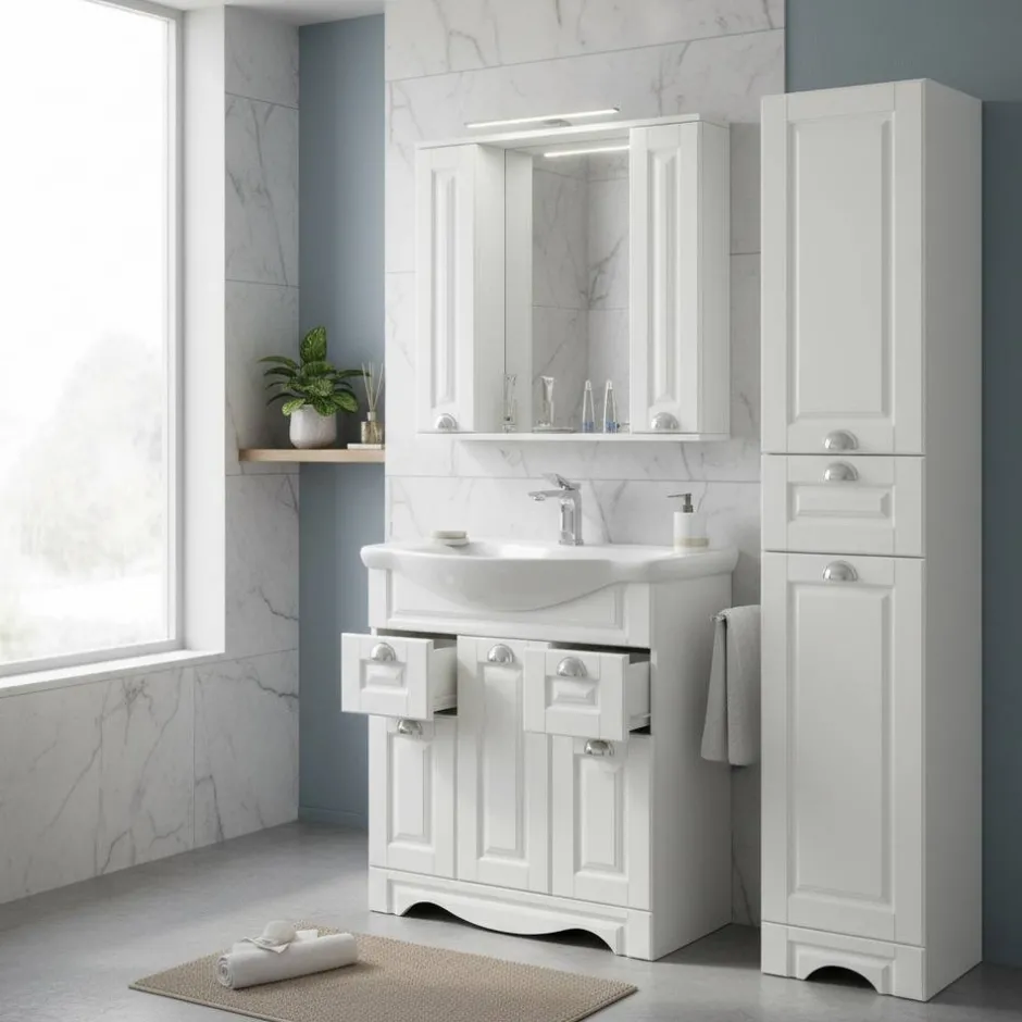 Wohnen Weiße Badmöbel klassisch Set - Akira (dreiteilig)