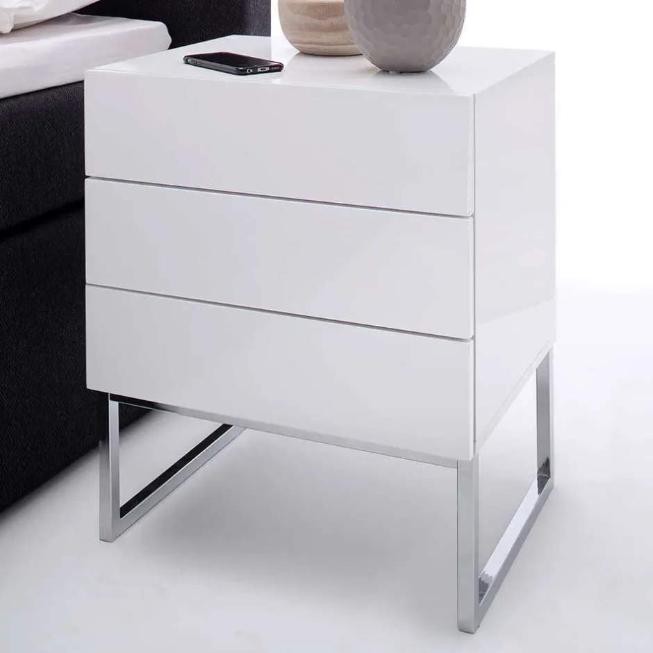 Wohnen Weiße Nachtkommode mit Bügelgestell Chrom Munarula 50x60x40 cm