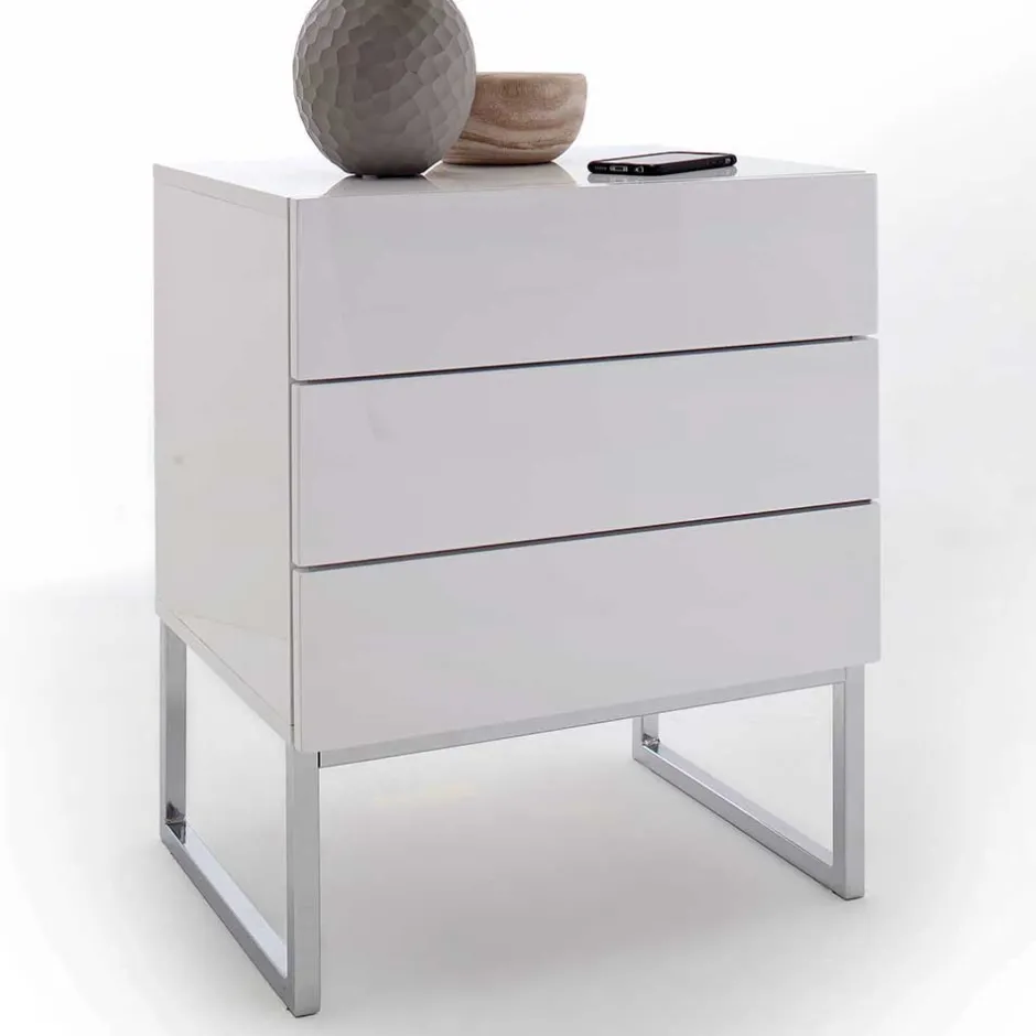 Wohnen Weiße Nachtkommode mit Bügelgestell Chrom Munarula 50x60x40 cm