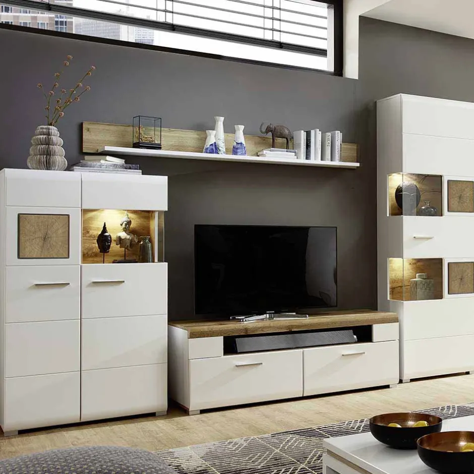 Weiße Wohnwand Lisepio mit Eichen-Elementen (vierteilig)^Wohnen Hot