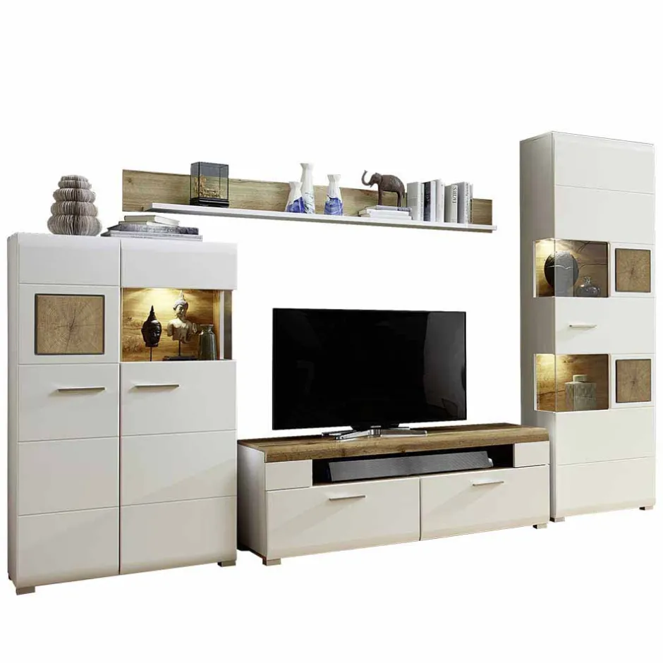 Weiße Wohnwand Lisepio mit Eichen-Elementen (vierteilig)^Wohnen Hot