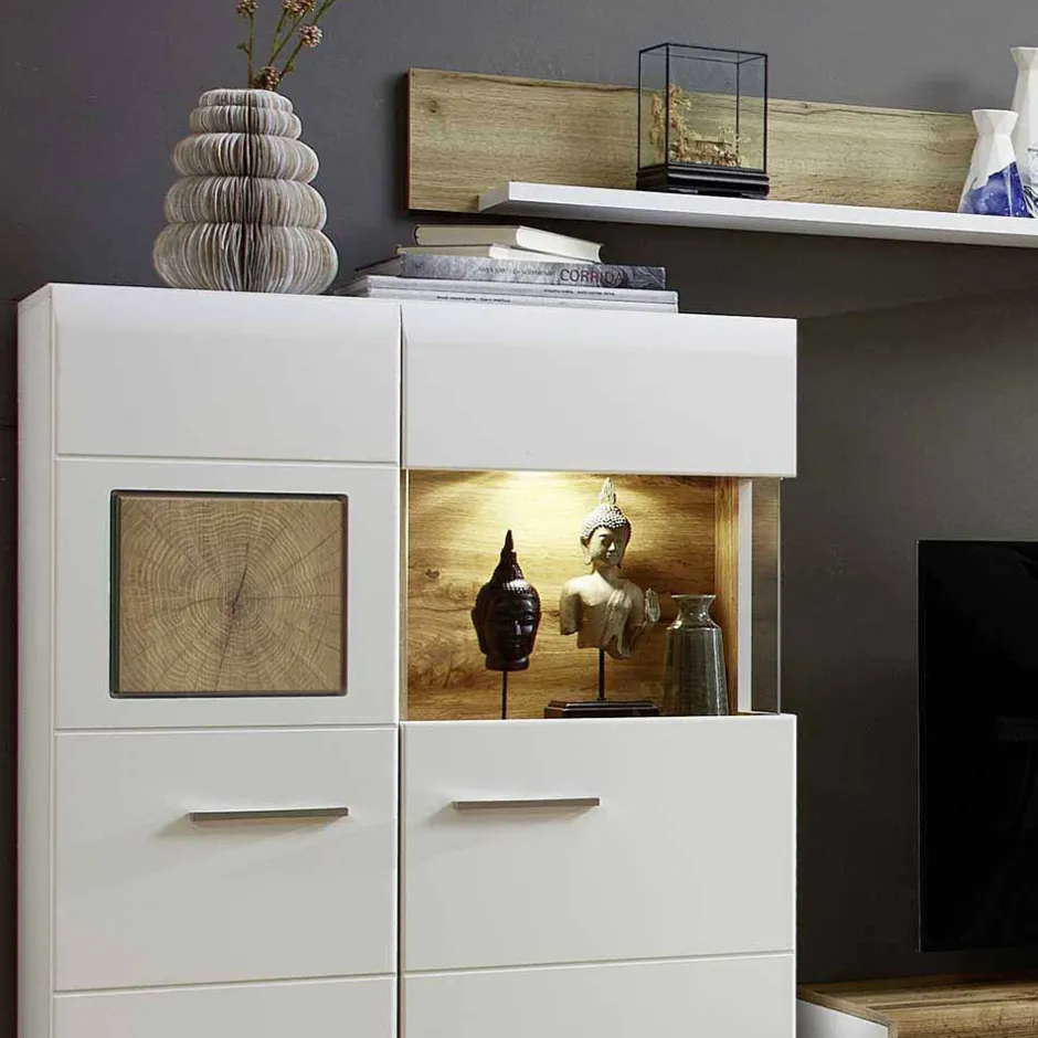 Weiße Wohnwand Lisepio mit Eichen-Elementen (vierteilig)^Wohnen Hot