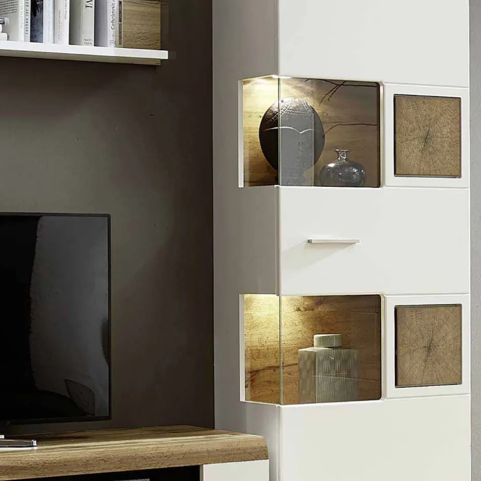 Weiße Wohnwand Lisepio mit Eichen-Elementen (vierteilig)^Wohnen Hot