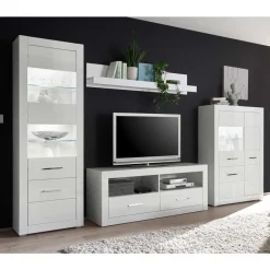 Wohnen Weiße Wohnwand mit Hochglanz Fronten Yulis optional mit Beleuchtung (vierteilig)