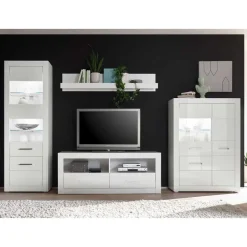 Wohnen Weiße Wohnwand mit Hochglanz Fronten Yulis optional mit Beleuchtung (vierteilig)