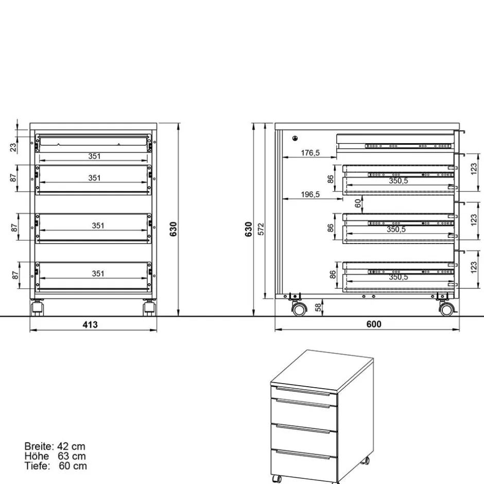 Wohnen Weißer Büro Rollcontainer mit Metallgriffen - Sparkle