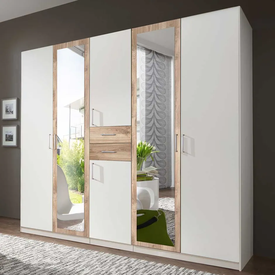 Weißer Kleiderschrank mit Plankeneiche 225 cm breit - Leela^Wohnen Online