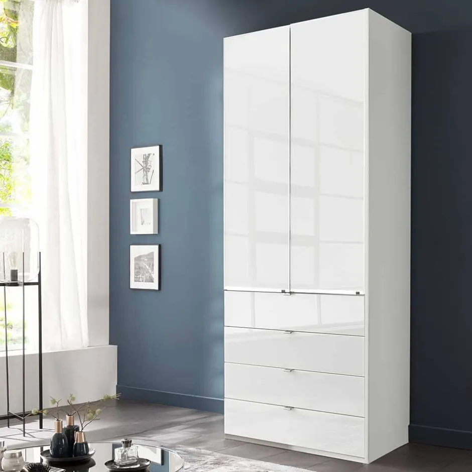 Wohnen Weißer Kombi-Kleiderschrank mit Glasfront - Rocca