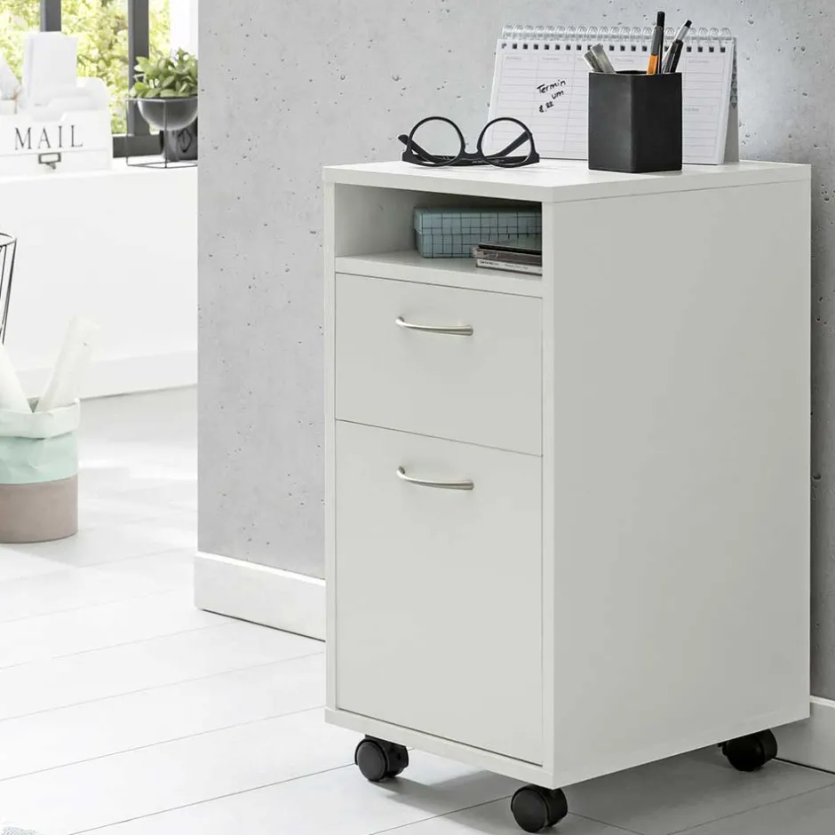Wohnen Weißer Rollcontainer mit Fach & 2 Schubladen - Hank