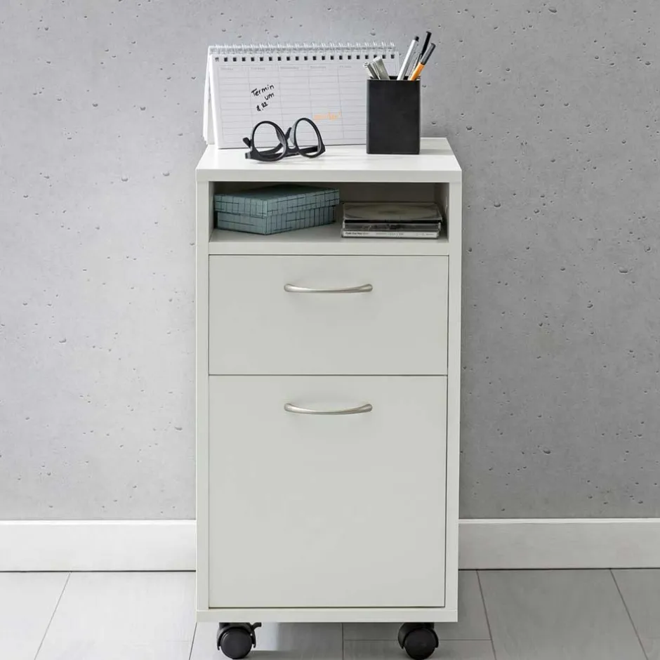 Wohnen Weißer Rollcontainer mit Fach & 2 Schubladen - Hank
