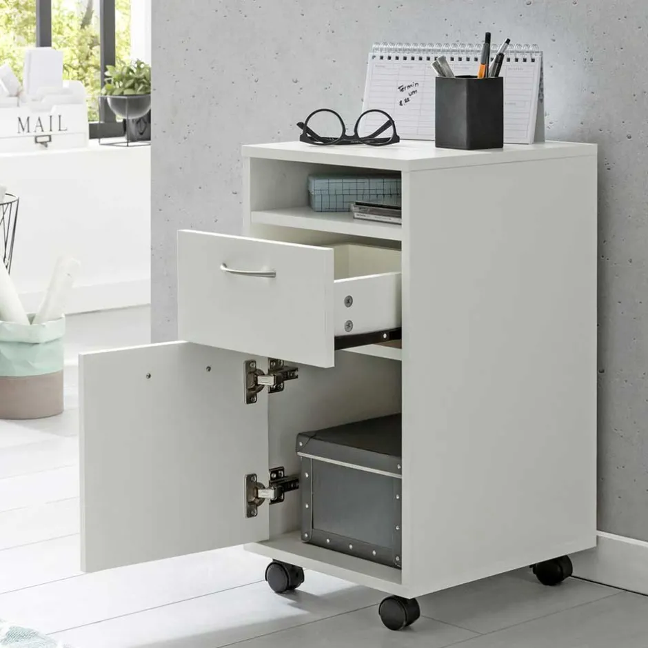 Wohnen Weißer Rollcontainer mit Fach & 2 Schubladen - Hank