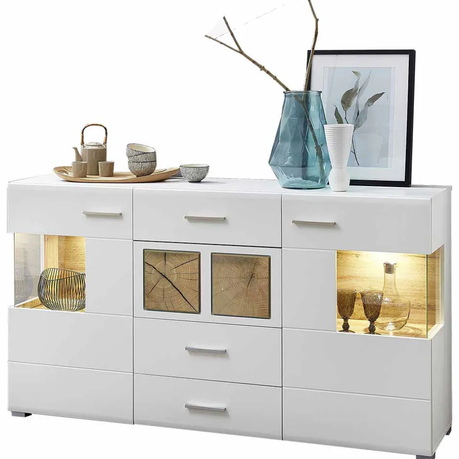 Wohnen Weißes Design-Sideboard mit Glas & LED - Lisepio