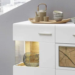 Wohnen Weißes Design-Sideboard mit Glas & LED - Lisepio