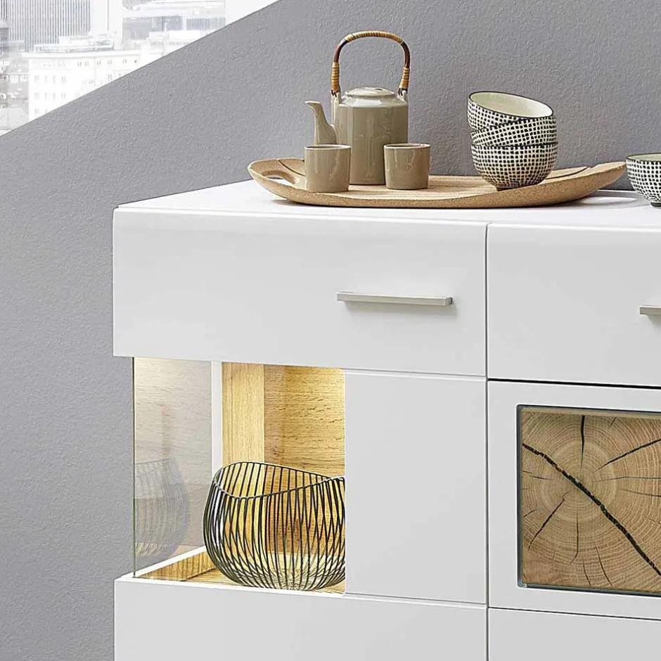 Wohnen Weißes Design-Sideboard mit Glas & LED - Lisepio