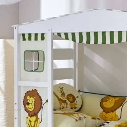 Kinder Wohnen Weißes Hausbett aus Kiefernholz 90x200 Drois mit Tier Motiven