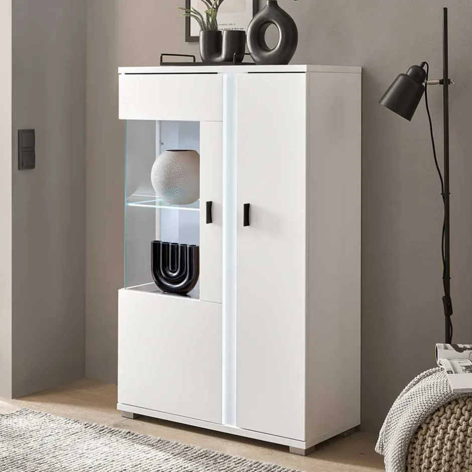 Weißes Highboard mit Glaseinsatz und LED Beleuchtung - Tirol^Wohnen Hot