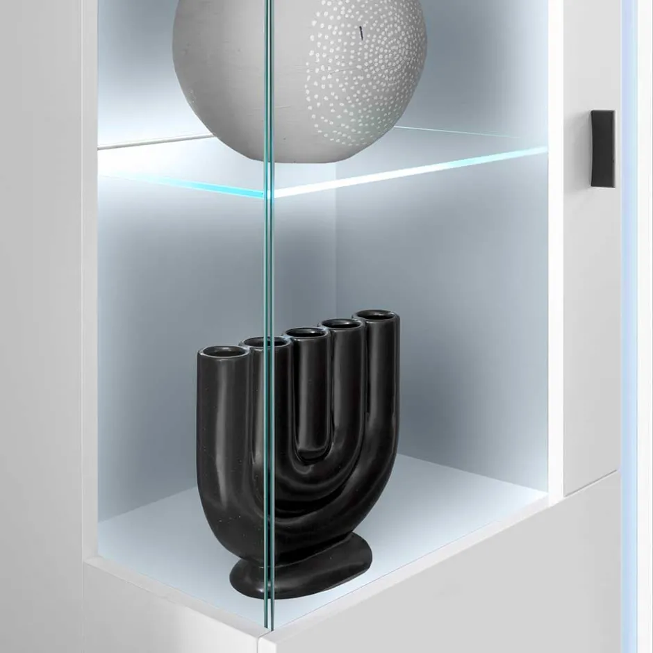 Weißes Highboard mit Glaseinsatz und LED Beleuchtung - Tirol^Wohnen Hot