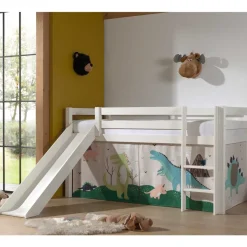 Kinder Wohnen Weißes Hochbett mit Dino Vorhangset - Cironna