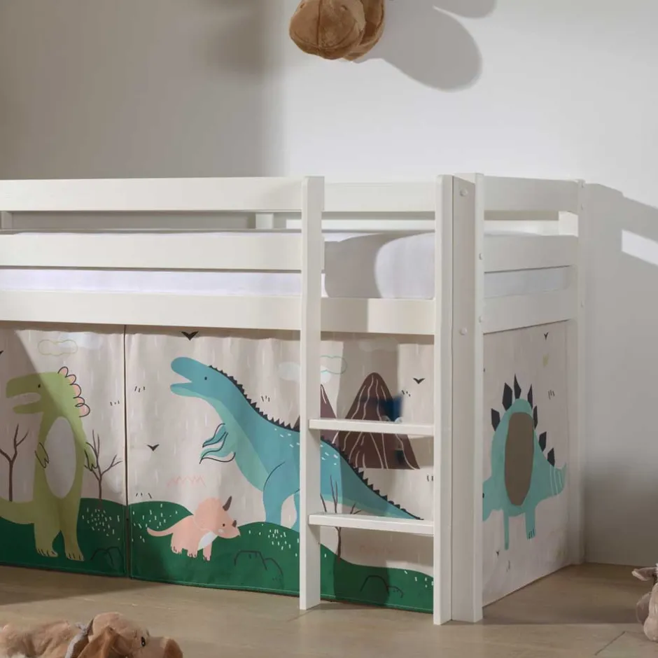 Kinder Wohnen Weißes Hochbett mit Dino Vorhangset - Cironna