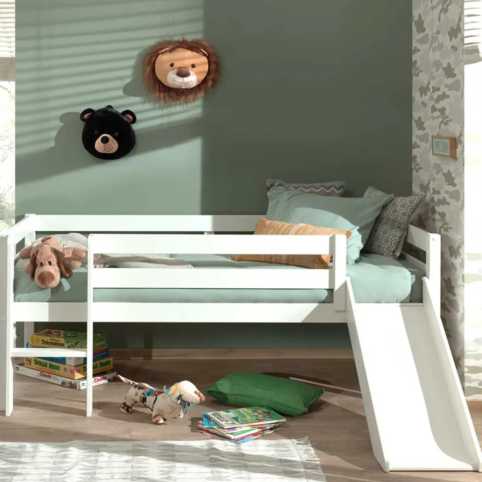 Kinder Wohnen Weißes Hochbett mit Rutsche - nur 83 cm hoch - Kendalas