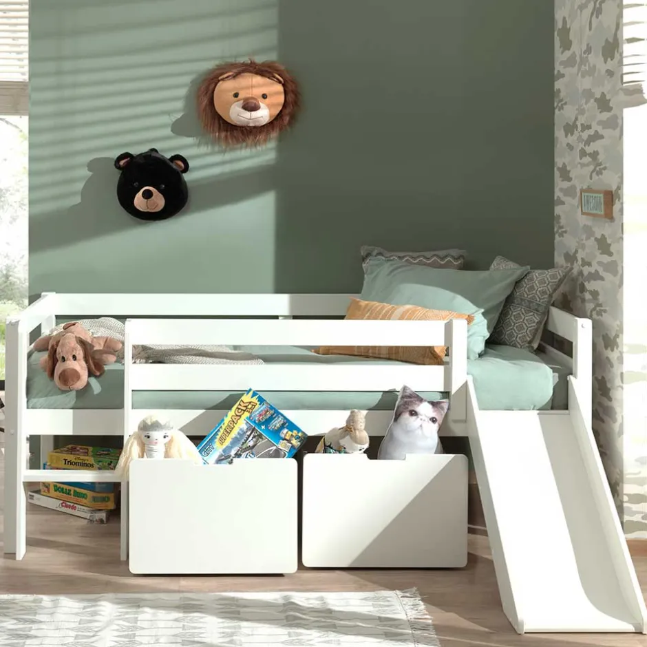 Kinder Wohnen Weißes Hochbett mit Rutsche - nur 83 cm hoch - Kendalas