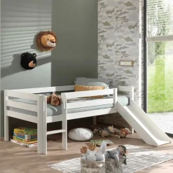 Kinder Wohnen Weißes Hochbett mit Rutsche - nur 83 cm hoch - Kendalas